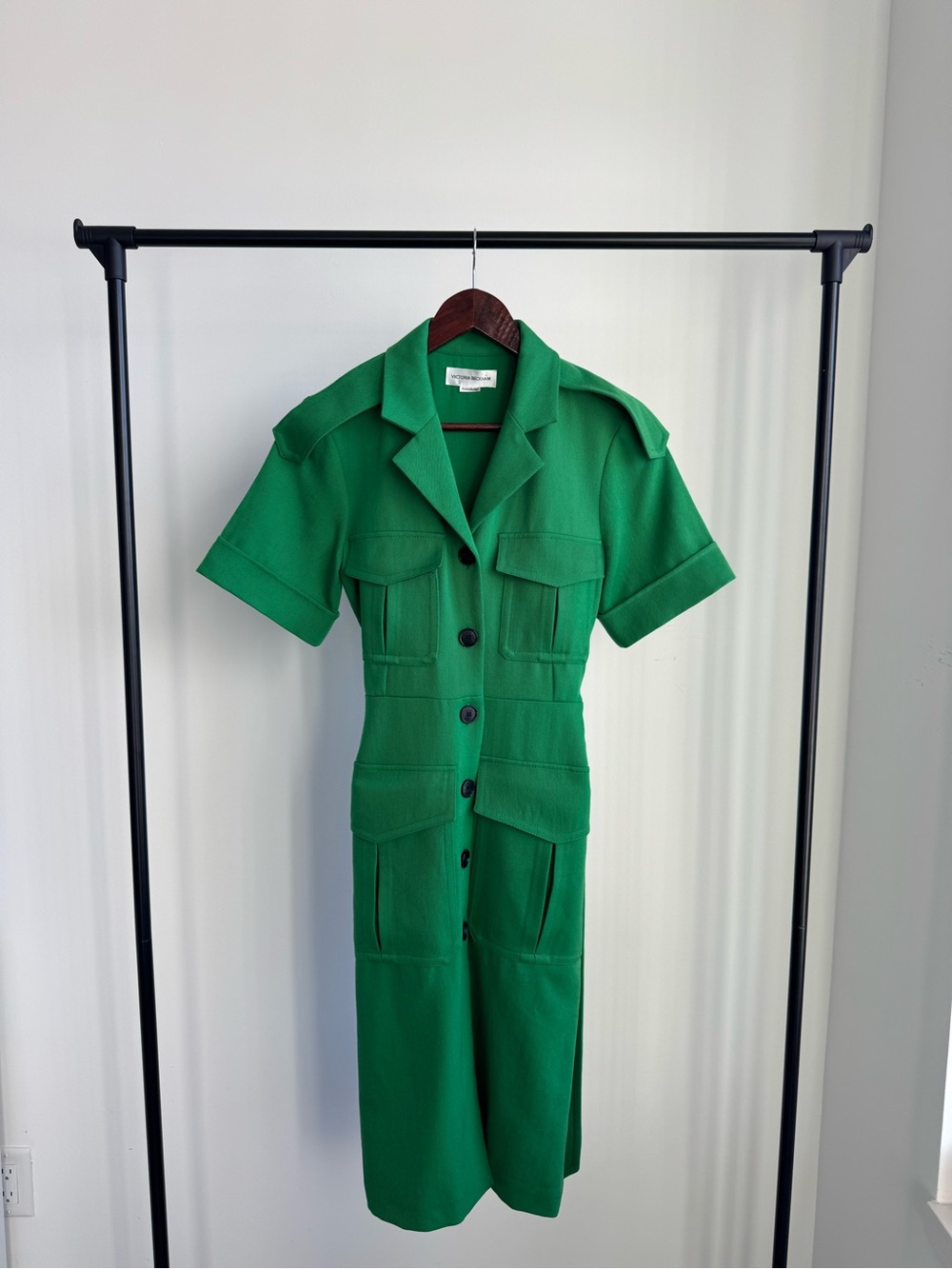 VICTORIA BECKHAM GREEN WOOL SHORT SLEEVE BUTTON-UP BELTED DRESS US 0